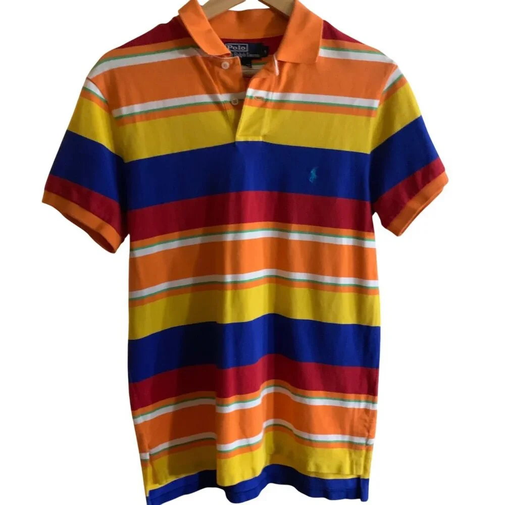 Mens Custom Fit Multicolor Striped Polo Shirt M 100% Cotton Classic Dopamine Y2K